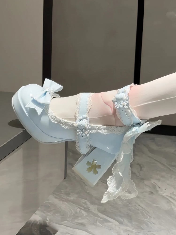 with Design Romantic Clasp in High Heels PU Openwork Lolita Sweet Floral Block Blue Heel