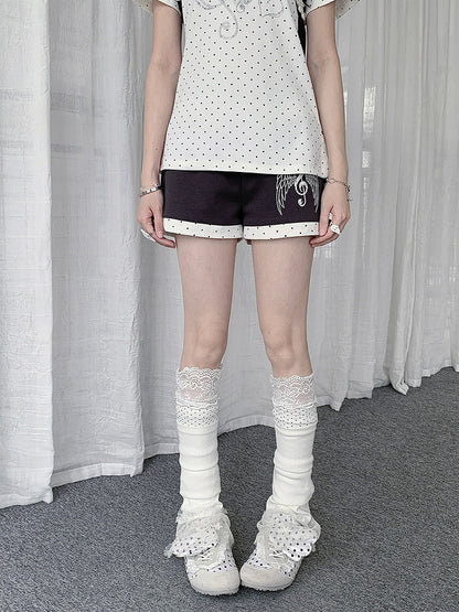 Gray Musical Note & Wing Print Shorts with Polka Dot Cuffs - Solkatt