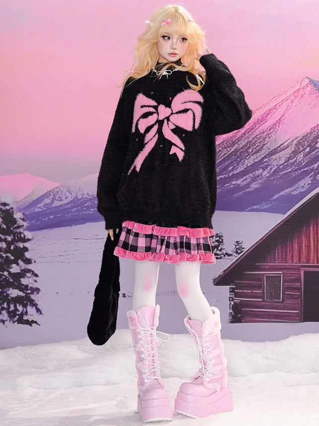 Black Sweet Bowknot Pattern Mohair Loose Sweater