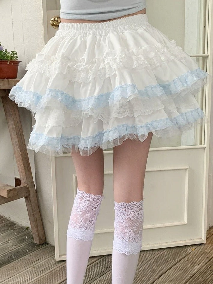 Puffy Layered High Waist Lace Skirt - Lan Jian Chuan