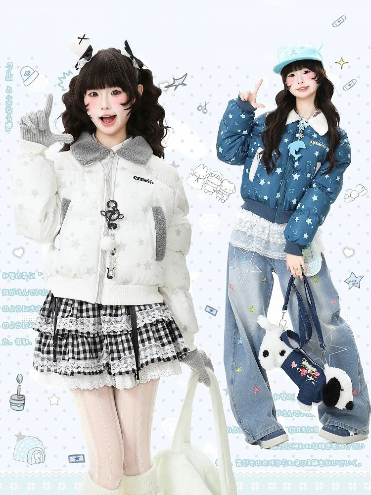Blue Closure Off-white/Dark Pattern Blouson Star with Daily Kawaii Fleece-lined Jacket Zipper