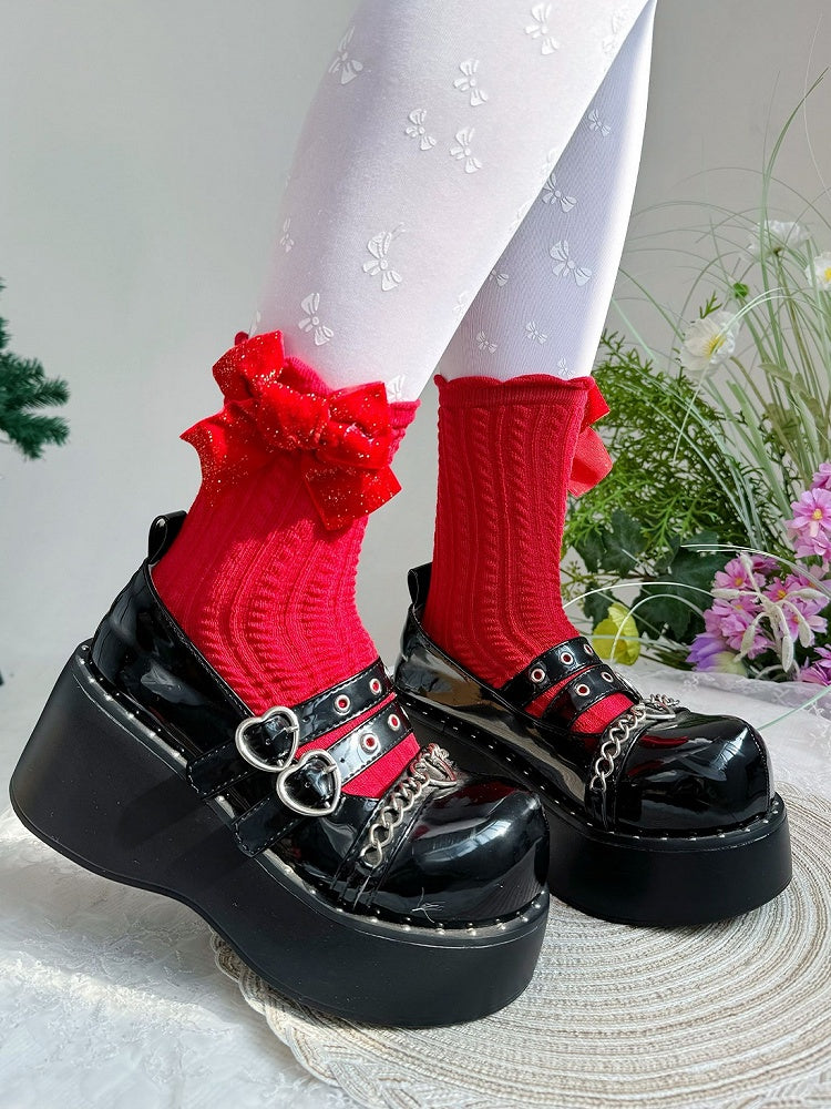 スイートロリータの赤いリボンのニットアンクルソックス