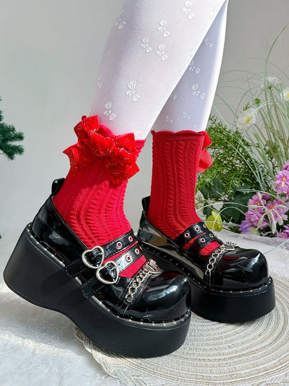 スイートロリータの赤いリボンのニットアンクルソックス