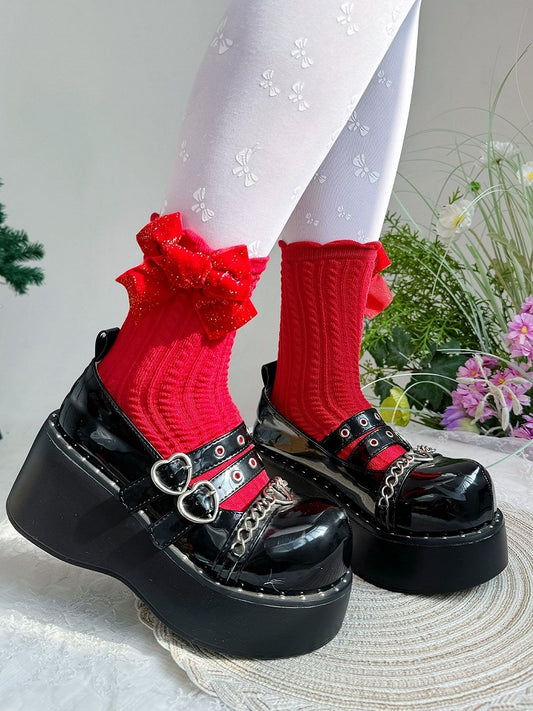 スイートロリータの赤いリボンのニットアンクルソックス