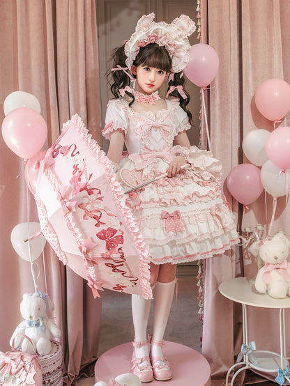 Rüschen Einteiler Rosa Weiß Süßes Prinzessinnen- und Schleifenkleid Thema Lolita Bunny Akzente