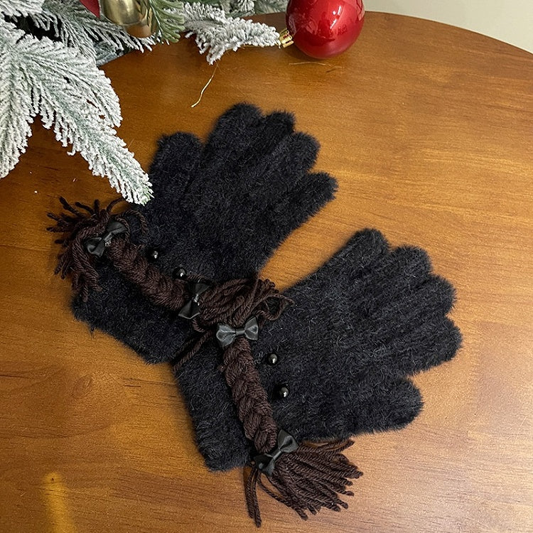 Schwarz/Weiße Lolita-Handschuhe mit Zöpfen und Schleife