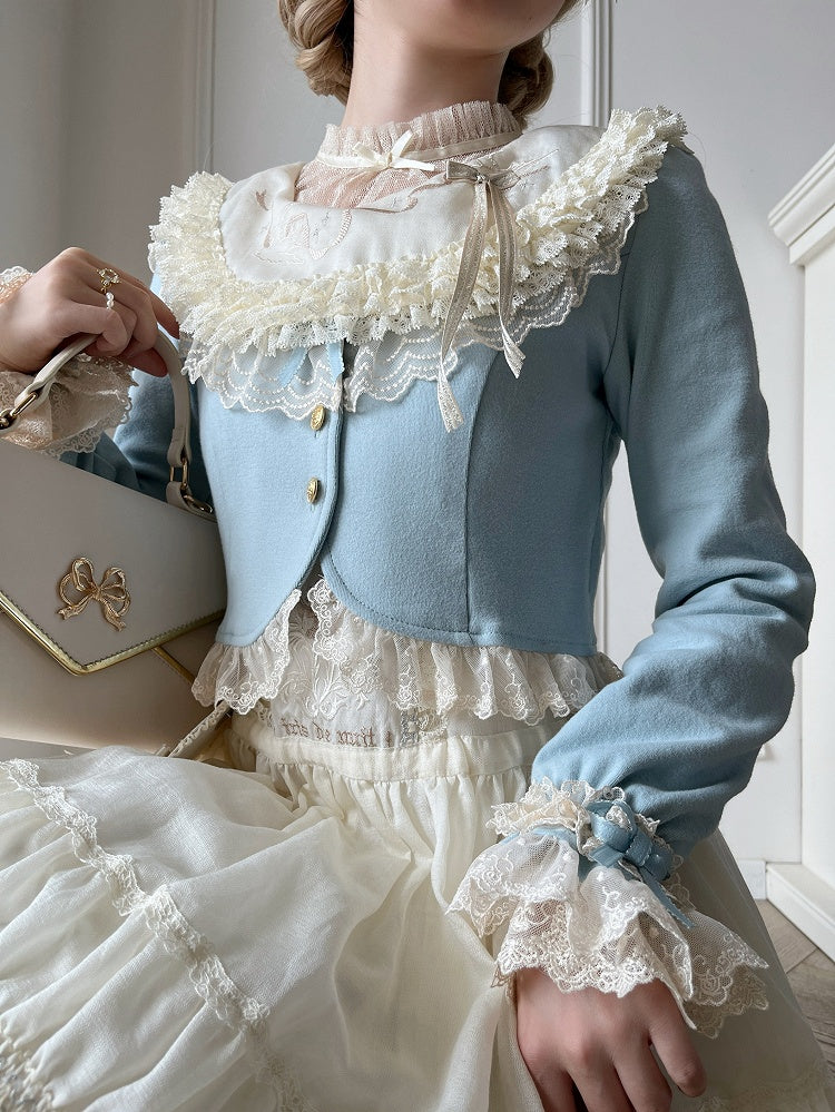 Autumn Trim Fashion Blue Accents Dusty Cropped Lolita Cardigan mit Spitzenschleife und