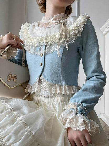 Autumn Trim Fashion Blue Accents Dusty Cropped Lolita Cardigan mit Spitzenschleife und