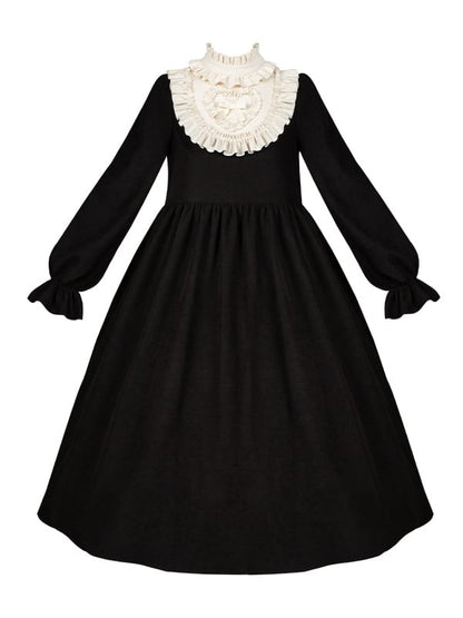 Beige Ruffle Neckline Black High Waist Long Balloon Sleeves Lolita Dress Long Version
