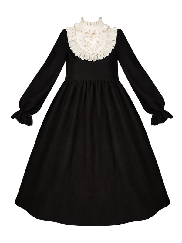 Beigefarbener Rüschenausschnitt, schwarzes Lolita-Kleid mit hoher Taille und langen Ballonärmeln, lange Version