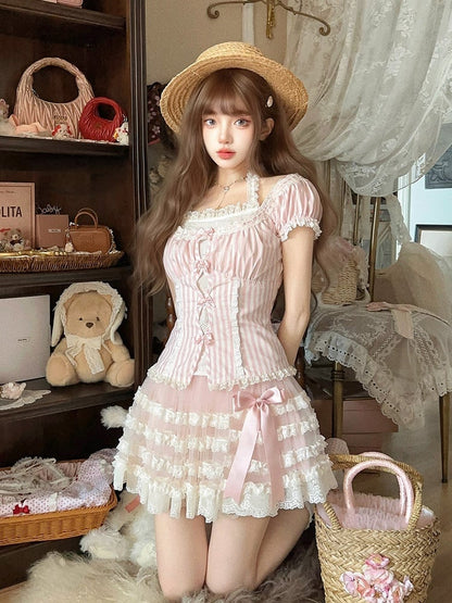 With Puff Sleeves Striped Lace Halter Top Accents Bow Pink