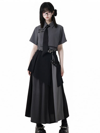 伸縮性のあるウエストのスカート ブラックとグレーのカラーブロックデザイン