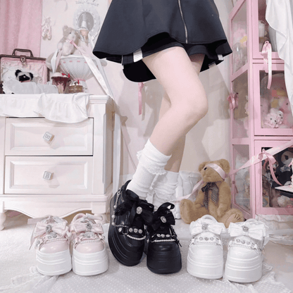 Platform Bow Jirai Top Chains Detail，Rhinestones Chunky Sneakers White Kei Beaded