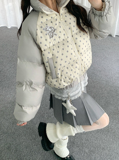 Beige Colorblock Cuffs with Embroidered Elastic Dot Letters Design Jacket Polka