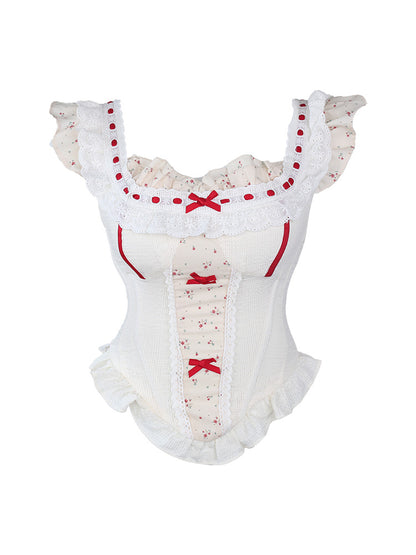 White Lace Flutter Floral Top Trim Sleeve and with Print