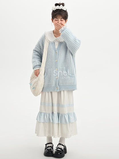 Cute Little Bear Plushie Adorned  Blue Striped Loose Cardigan