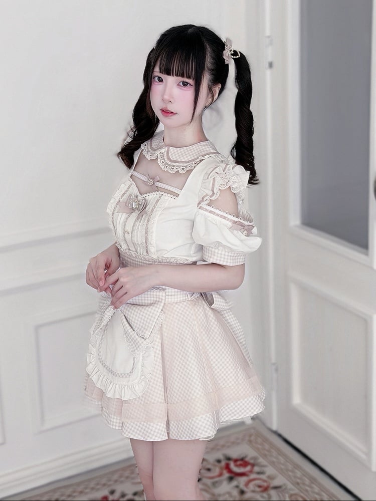 Maid Style Pink & White Landmine Cutout Shoulder Short Sleeve Top with Detachable Apron Skirt - Shi Zhai Xin