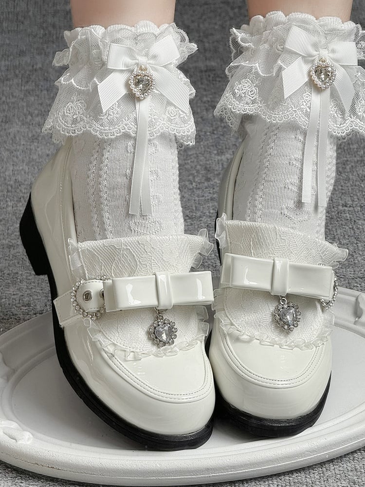 Details Polished Accent White Rhinestone Bow Low-heel PU Heart