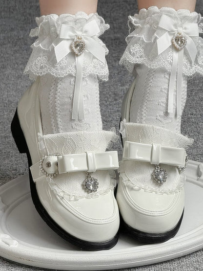 Details Polished Accent White Rhinestone Bow Low-heel PU Heart