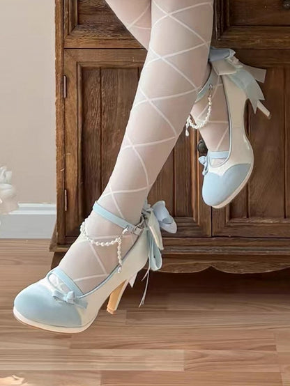 Classic Bow Elegant Embellishment Blue with White Detachable Lace Back Charm High-heel Chain Beaded Shoes