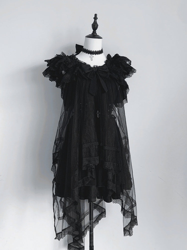 Onyx Landmine Trio: Camisole Dress, Asymmetric Tulle Overlay, Choker - Pink Rabbit