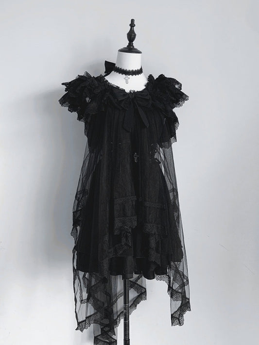 Onyx Landmine Trio: Camisole Dress, Asymmetric Tulle Overlay, Choker - Pink Rabbit