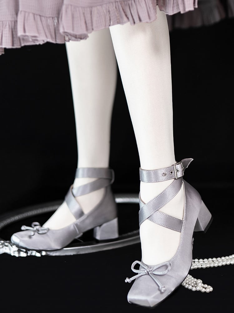 Wraparound Shoes Satin Ankle Straps Gray Elegant Ballet