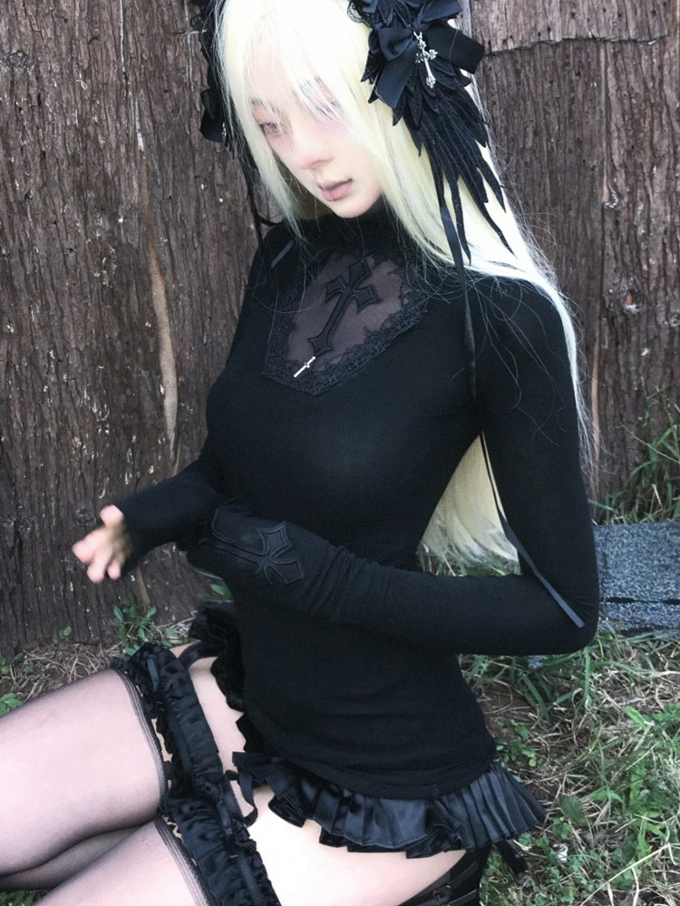 Coffin Sleeves Crosses Cutout High Top Adorned Black Neck Gothic Long