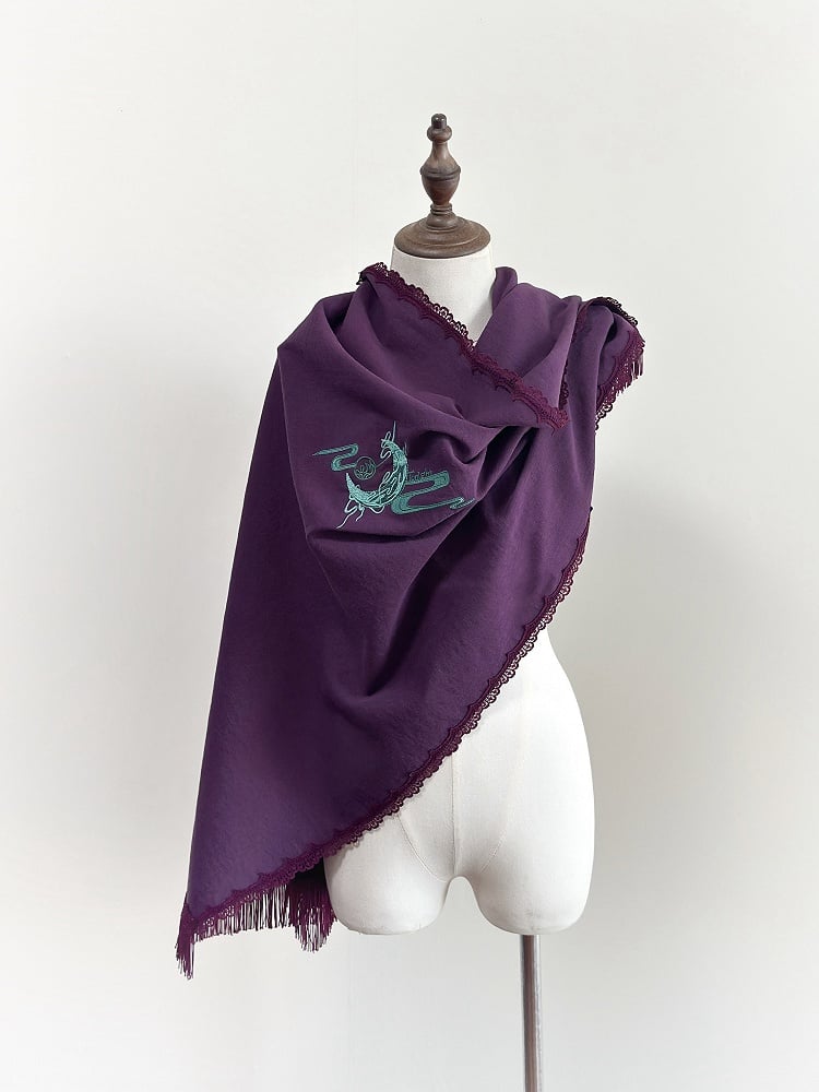 赤/黒/紫の龍と月の刺繍ショール