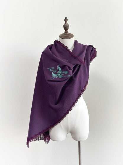 赤/黒/紫の龍と月の刺繍ショール