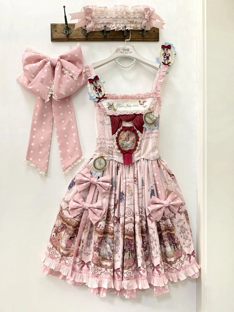 Alice in Wonderland Style Rose Sweet Skirt with Detachable Bow Ribbons - Forest Fairy Tales