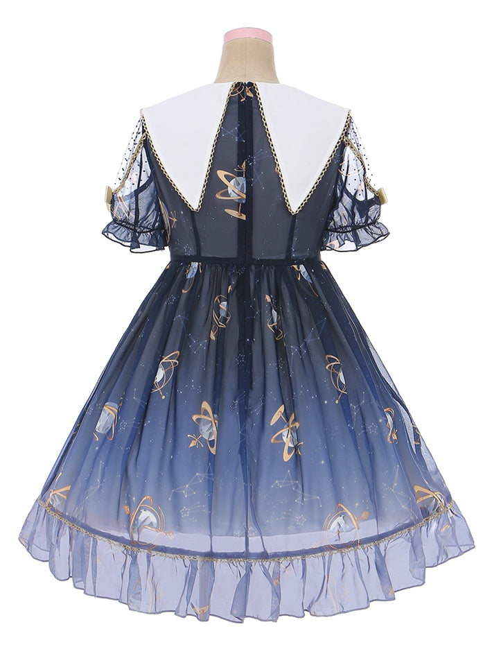 Navy Blue Celestial Globe & Starry Bow Accents Flounce Hem Lolita Dress