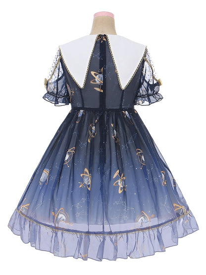 Navy Blue Celestial Globe & Starry Bow Accents Flounce Hem Lolita Dress
