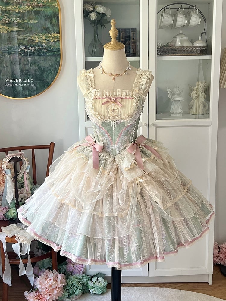 + Princess Green Pink Floral Print and Boned Balletcore Corset Top Skirt Lolita