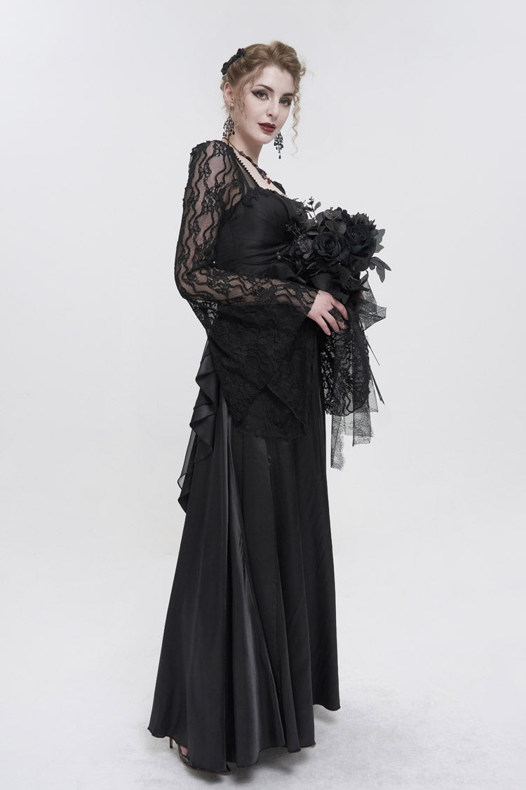 Black Lace Pointed Long Sleeves Back Zipper Satin Floor-Length Gothic Gown
