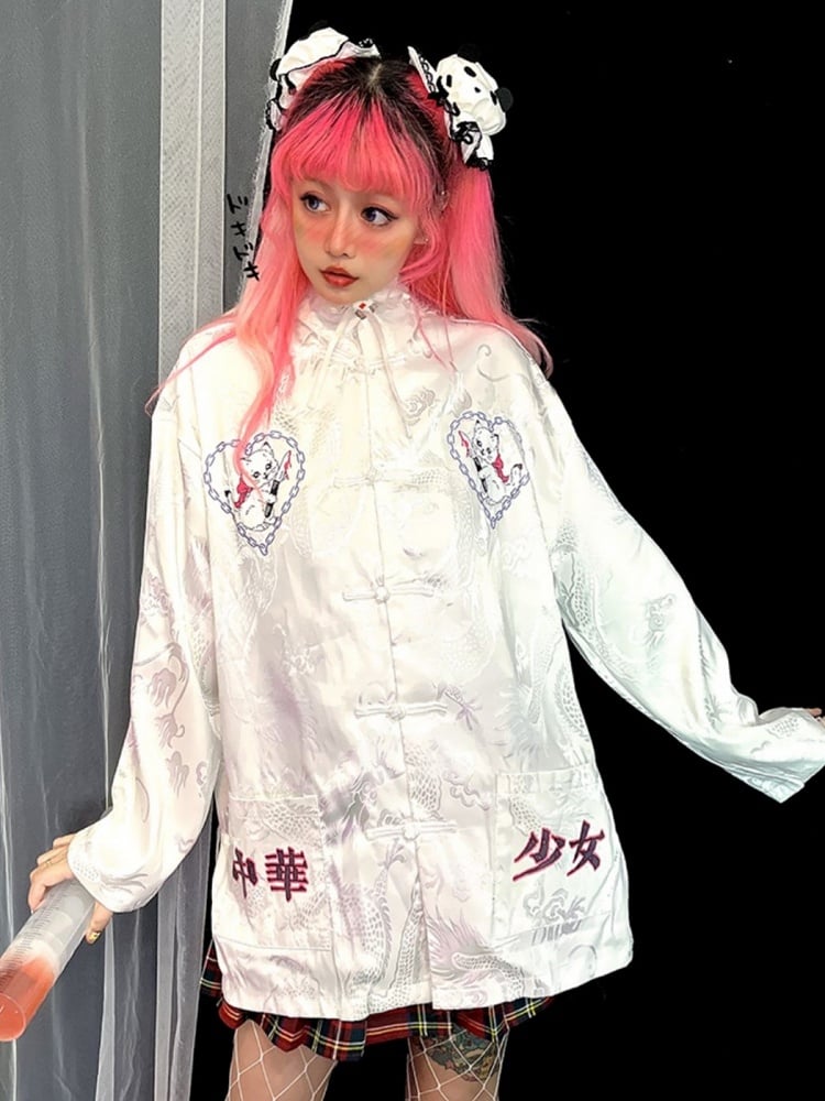 and Cat White Cheongsam Motif Blouse Dragon Sleeve with Long/Short