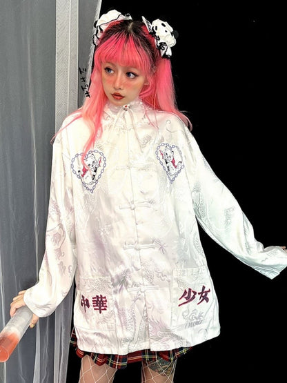 and Cat White Cheongsam Motif Blouse Dragon Sleeve with Long/Short