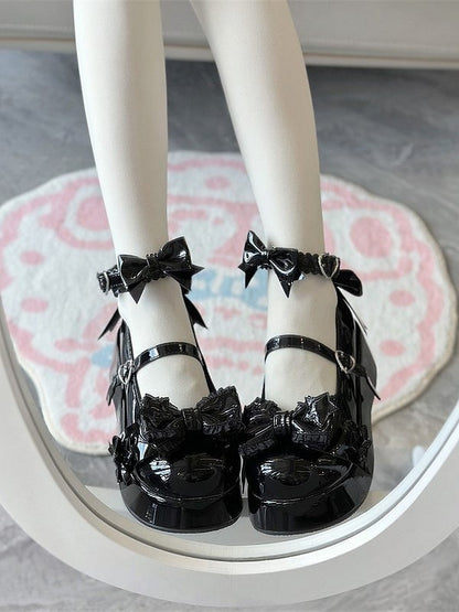 Round-Toe Platform Shoes PU Details with Black Sweet Snap Heart-Shaped Lolita Bowknot