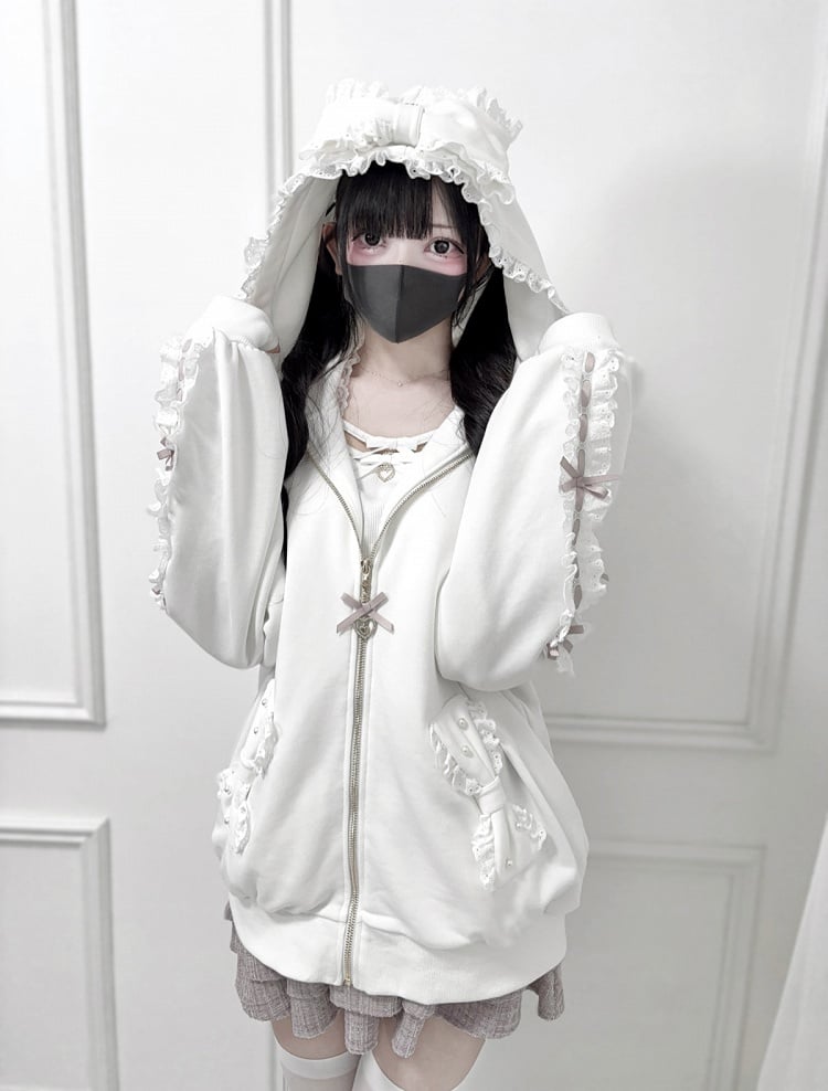 Perforated Jirai Kei Black/White Hoodie Bead-Embellished Bow Jacket: Pockets Sleeve with