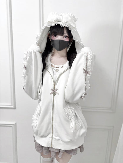 Perforated Jirai Kei Black/White Hoodie Bead-Embellished Bow Jacket: Pockets Sleeve with