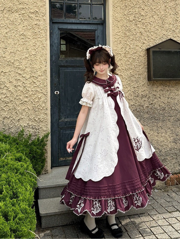 Elegant Tulip Ruffle Embroidered Floral Jacquard Lolita OP A-Line Gown - Whispering Roses
