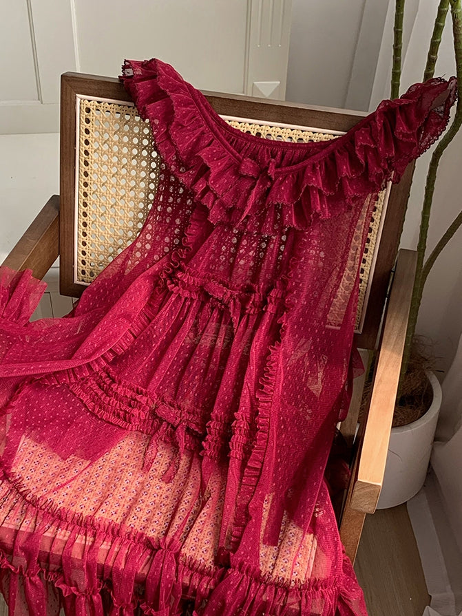 Details Ruffle and Pink Style Red Dots Bow Overdress Tulle House Trim