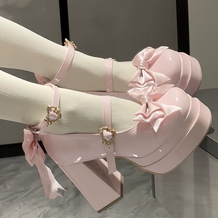 Top Heels Toe Bow at Pink Round High Block Sweet Platform Light Lolita Design with