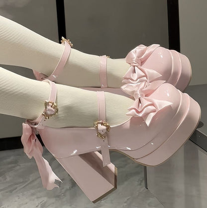Top Heels Toe Bow at Pink Round High Block Sweet Platform Light Lolita Design with