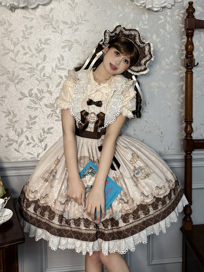 Sweet Print Lolita Jumper Skirt Brown Kitty Teddy and