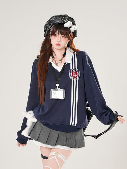 Gray/Navy Classic Polo Collegiate with Crest Sweatshirt Embroidered Blue