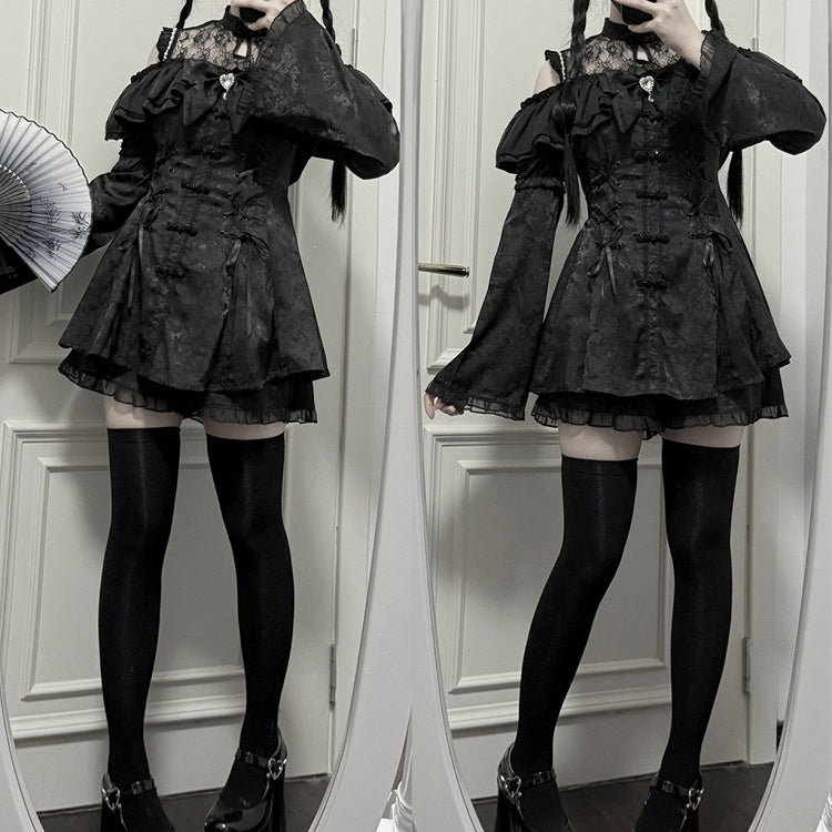 チャイナドレス + イリュージョンジライネックラインミニドレス ボウタイケイショーツセット - ブラックスタイル + ベルスリーブ