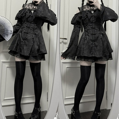 チャイナドレス + イリュージョンジライネックラインミニドレス ボウタイケイショーツセット - ブラックスタイル + ベルスリーブ