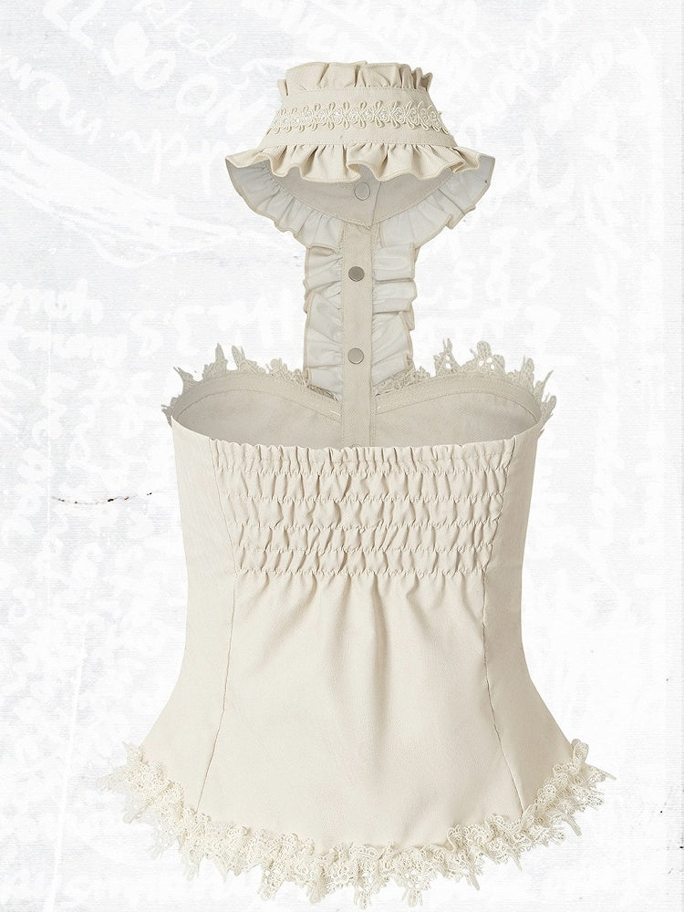 Vintage Punk Apricot Ruched Halter Top with Ruffle & Lace Details - NO ROMANCE