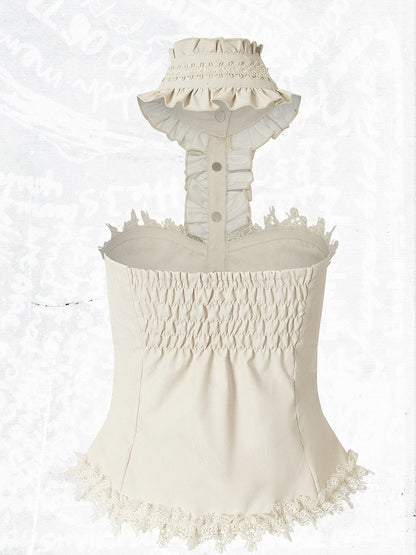 Vintage Punk Apricot Ruched Halter Top with Ruffle & Lace Details - NO ROMANCE
